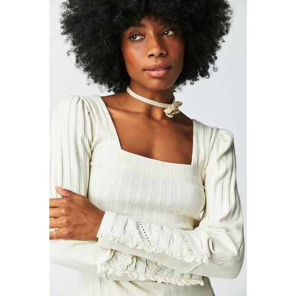 Free People Could I Love You More Top Ivory Cream Square Neck Long Sleeve Small - Picture 1 of 7